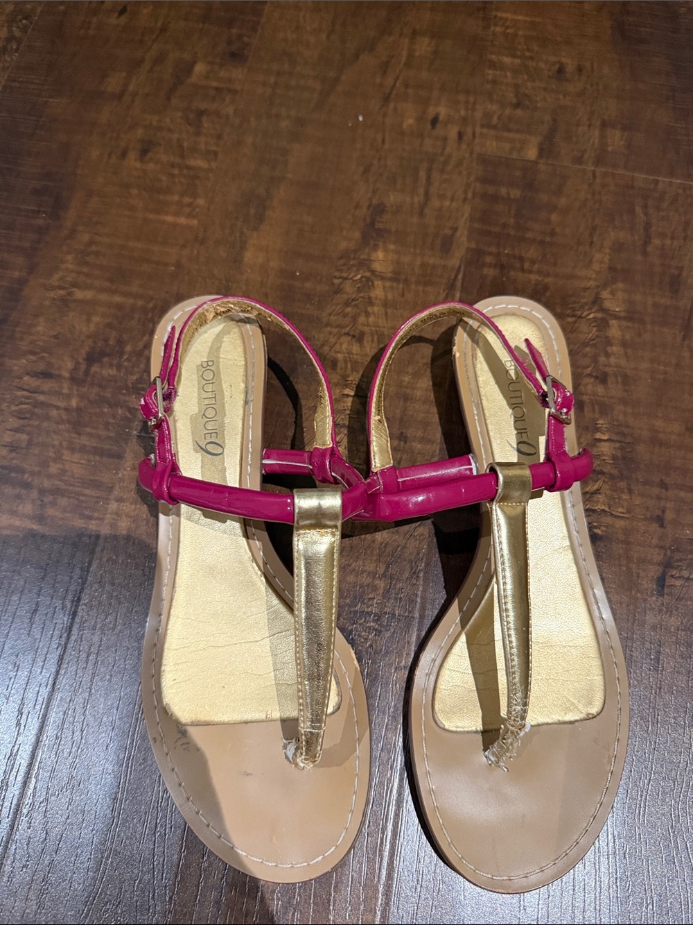 Boutique 9 Gold T-Strap Sandals with Fuchsia Straps